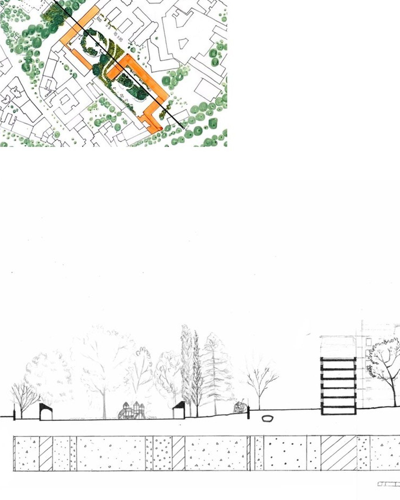 Plan du quartier Croulebarbe et coupe au trait de la Tour Albert à l'ensemble Brelet