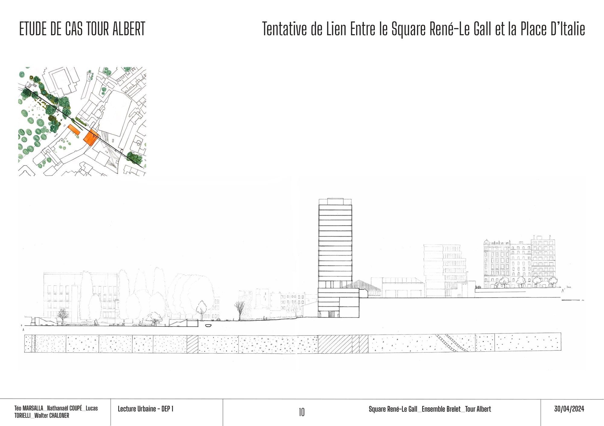 Étude de cas Tour Albert : plan de situation et coupe vers la place d'Italie