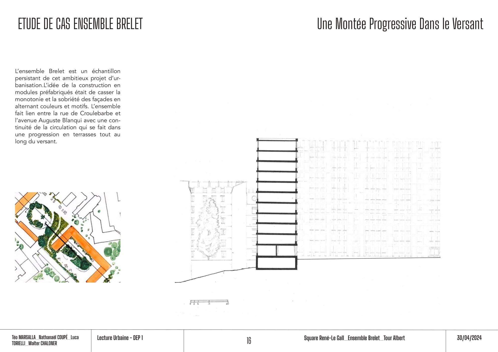Ensemble Brelet : plan de situation et élévation de la barre de logements