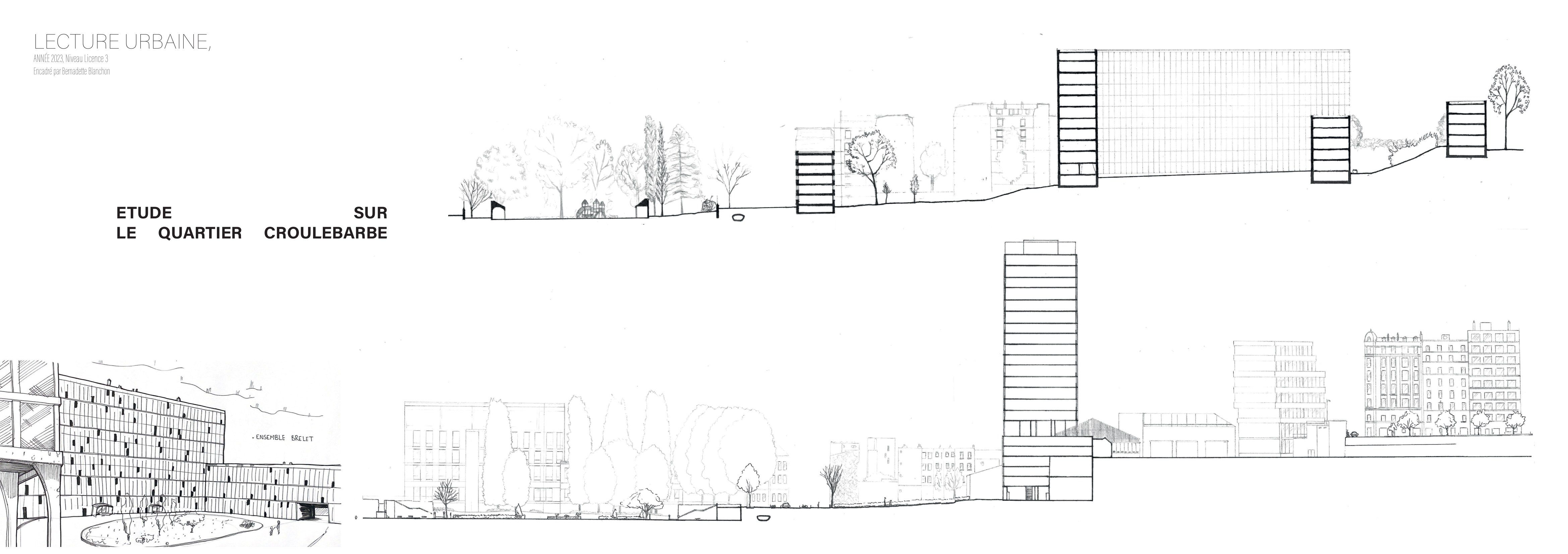 Planche de lecture urbaine du quartier Croulebarbe : coupes longitudinales et vues de l'ensemble Bélier