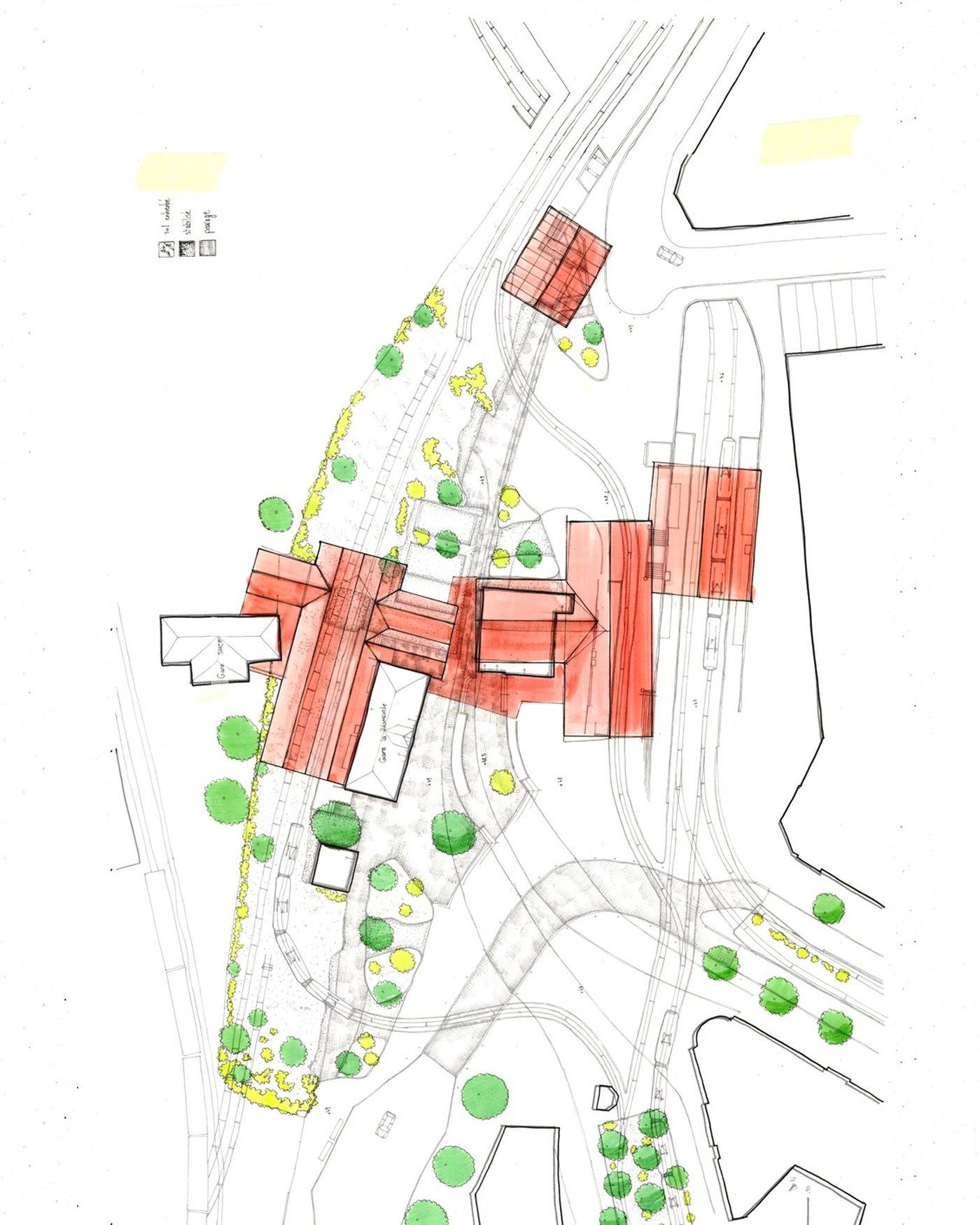 Plan masse du projet à la gare de la Blancarde : halles, plantations et cheminements