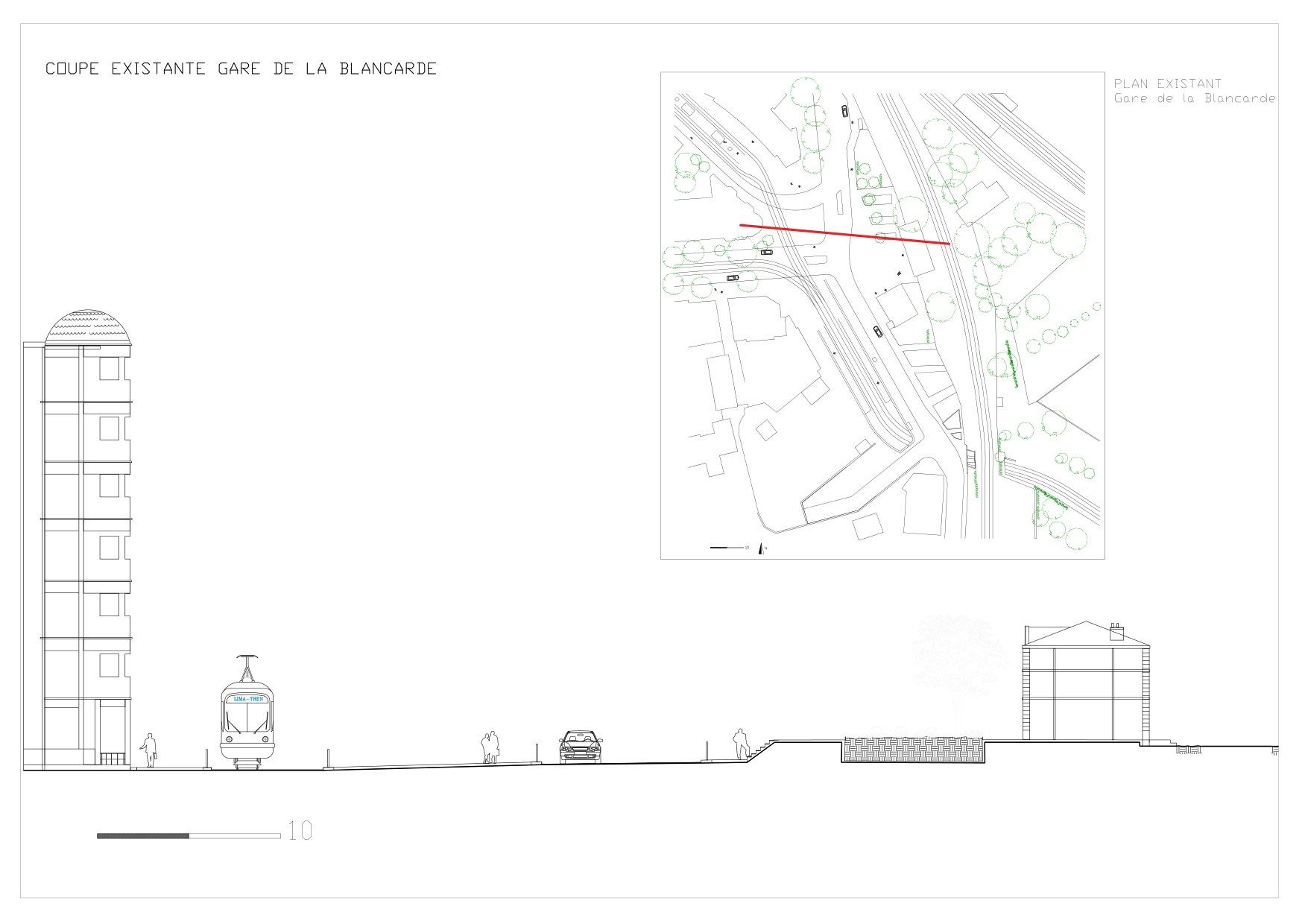 Coupe de l'existant à la gare de la Blancarde, avec son plan de situation