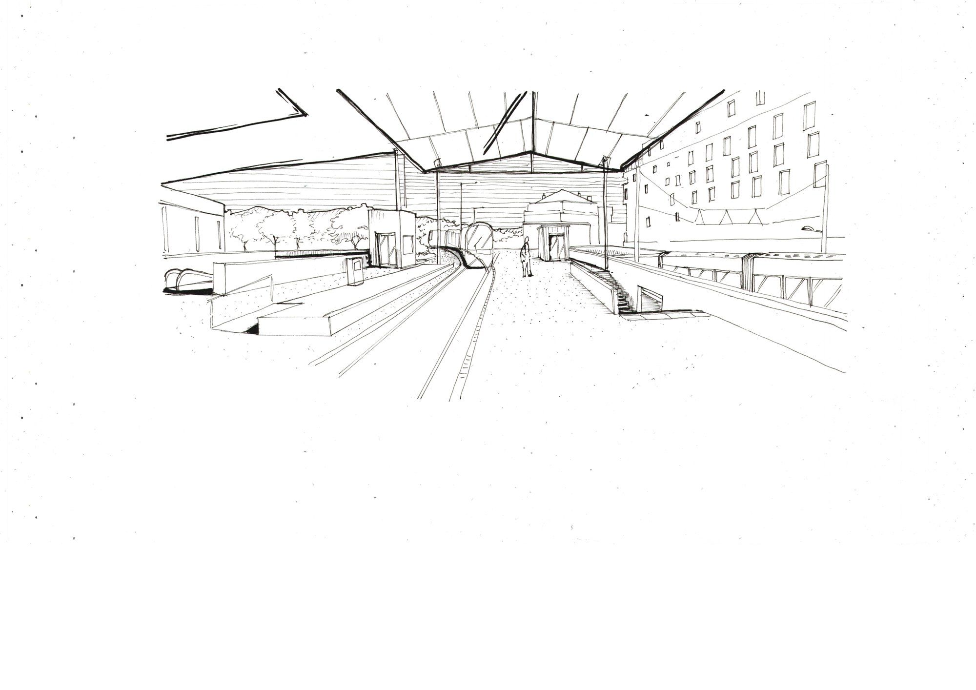 Perspective intérieure des halles, sous la charpente