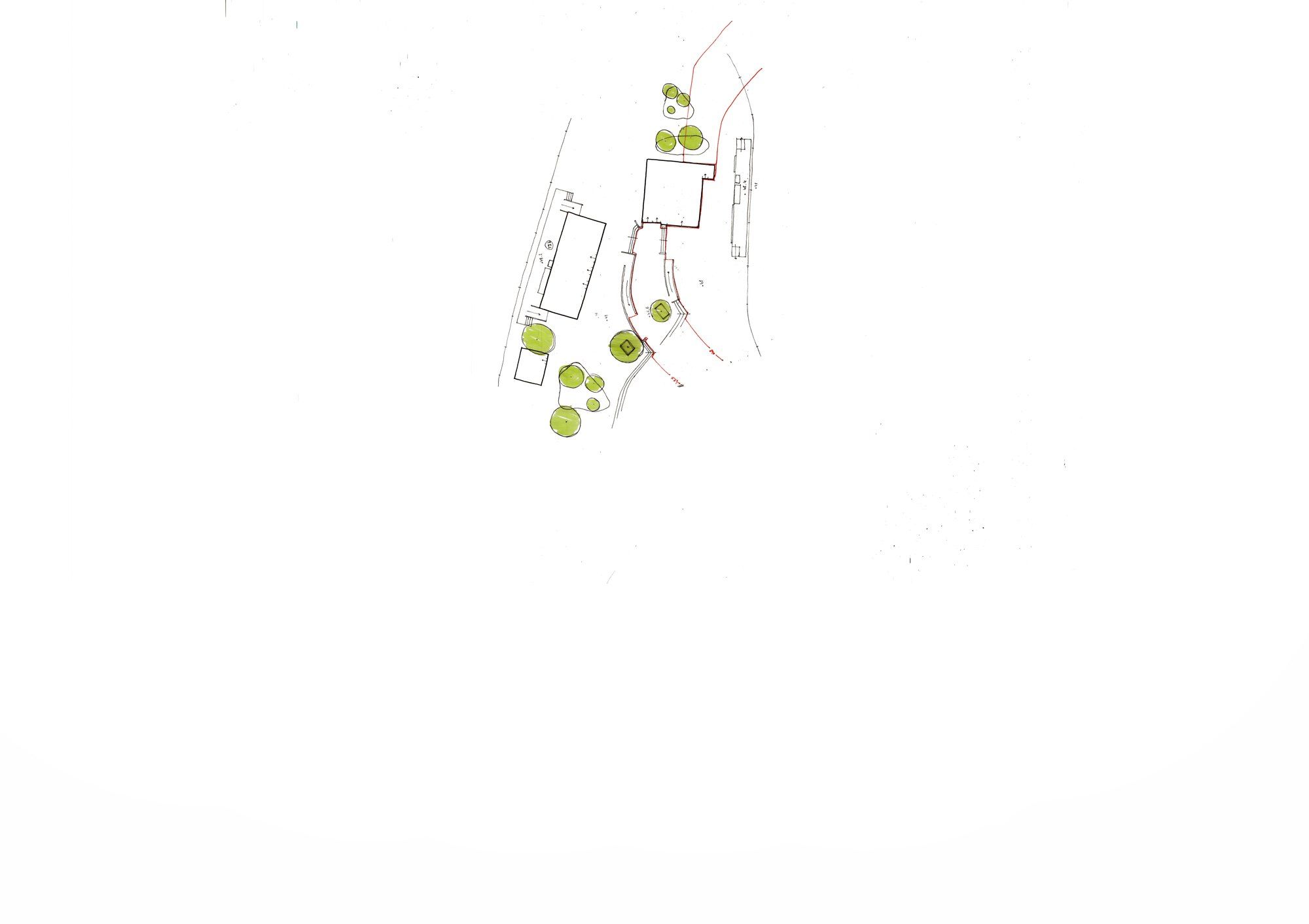 Plan de détail d'une entrée du site, plantations et cheminements