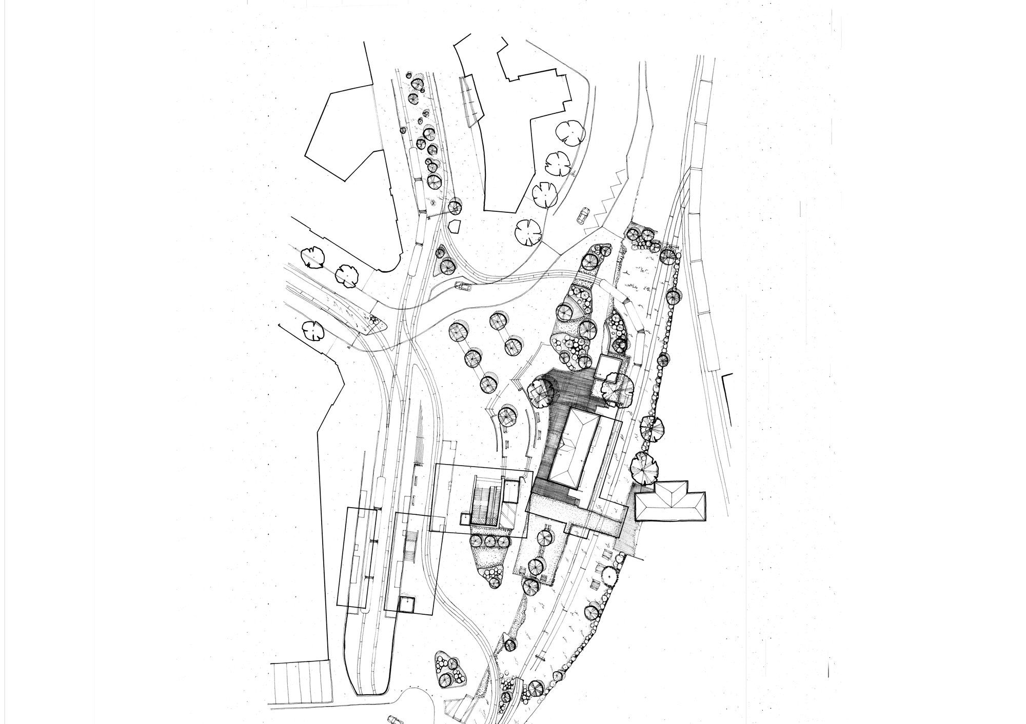 Plan masse au trait : implantation des halles dans le faisceau ferroviaire