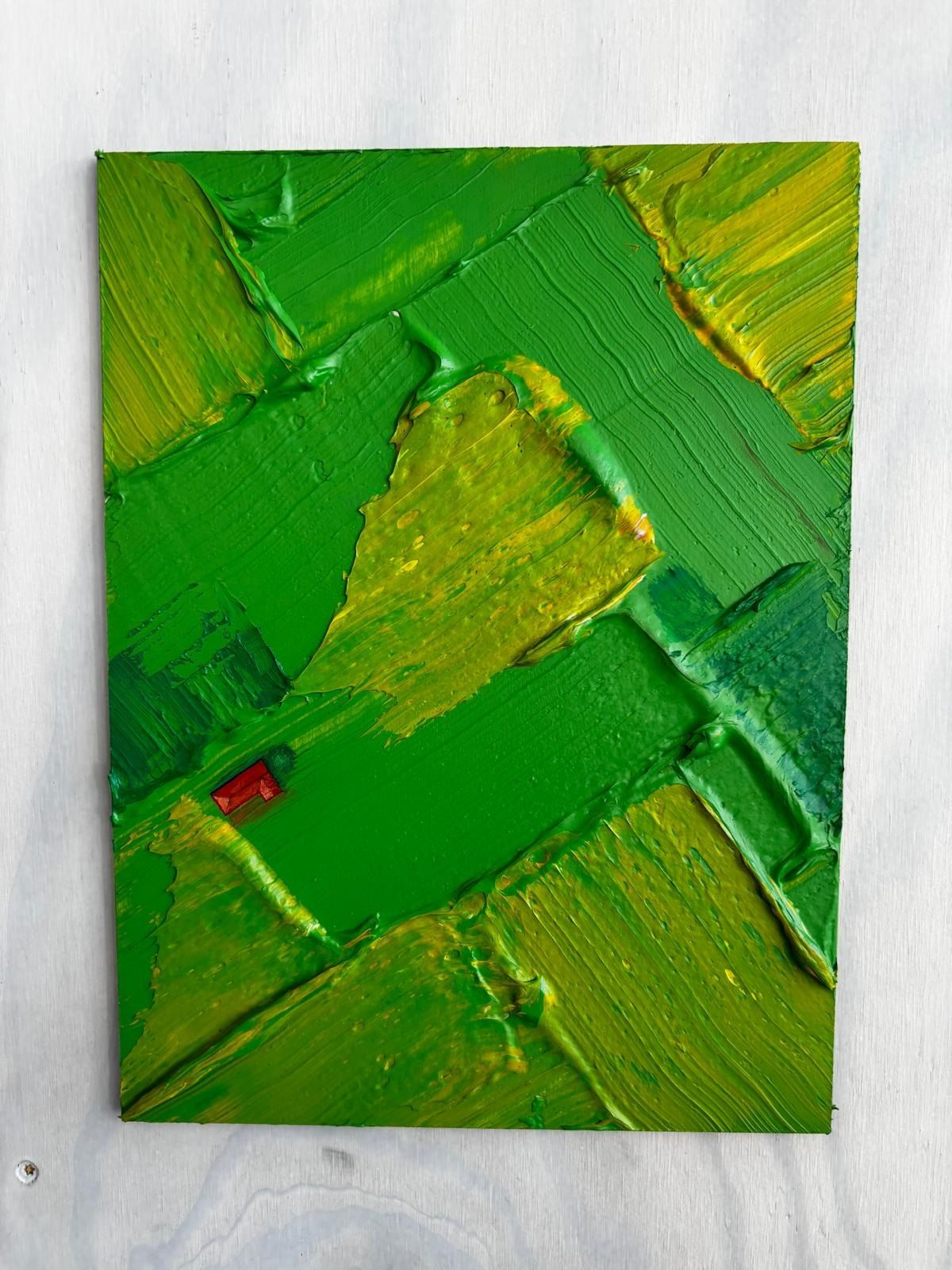 Peinture d'un parcellaire agricole, verts et jaunes en pâte épaisse