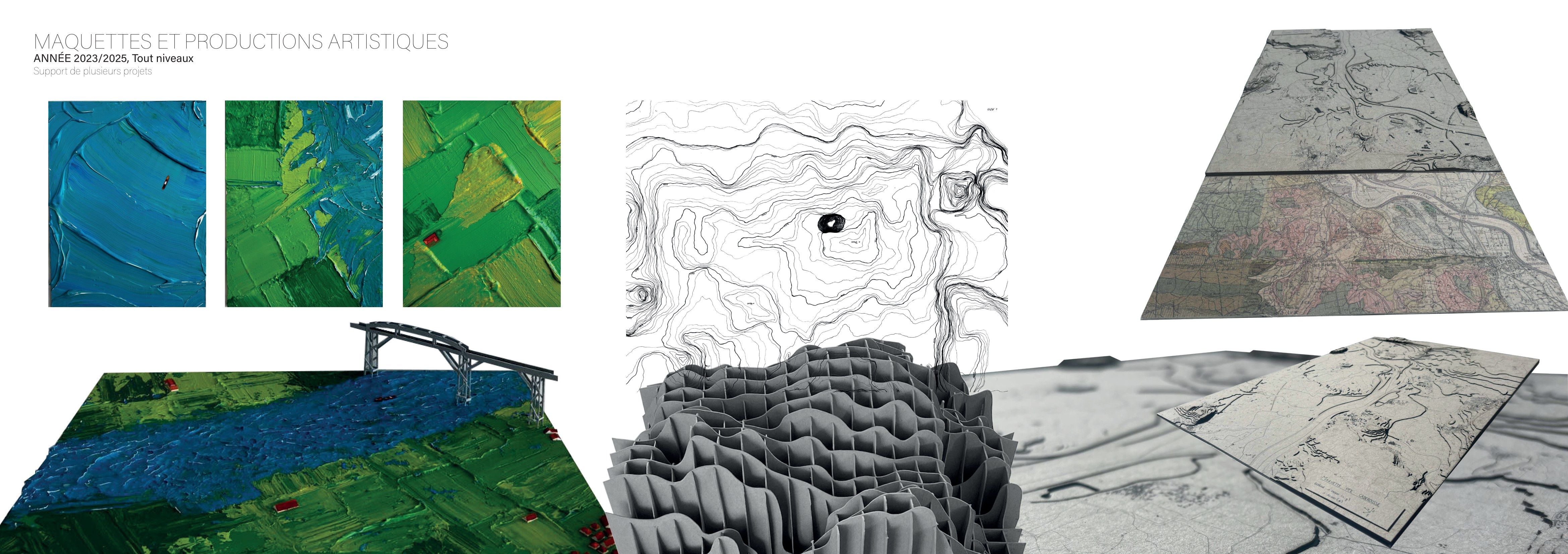 Planche des maquettes et productions artistiques : vues de maquettes peintes et travaux plastiques