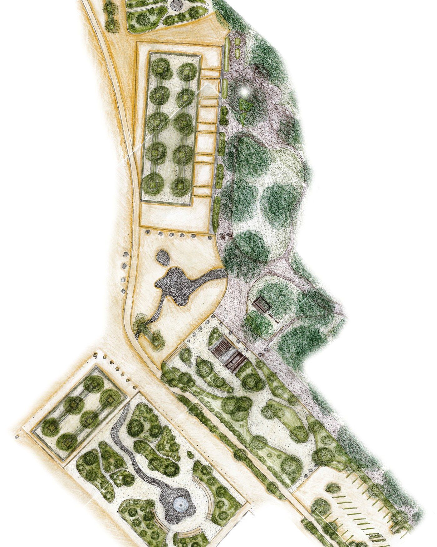 Plan masse du parc de l'Arc : terrasses plantées, bosquets réguliers et cheminements le long de la rivière