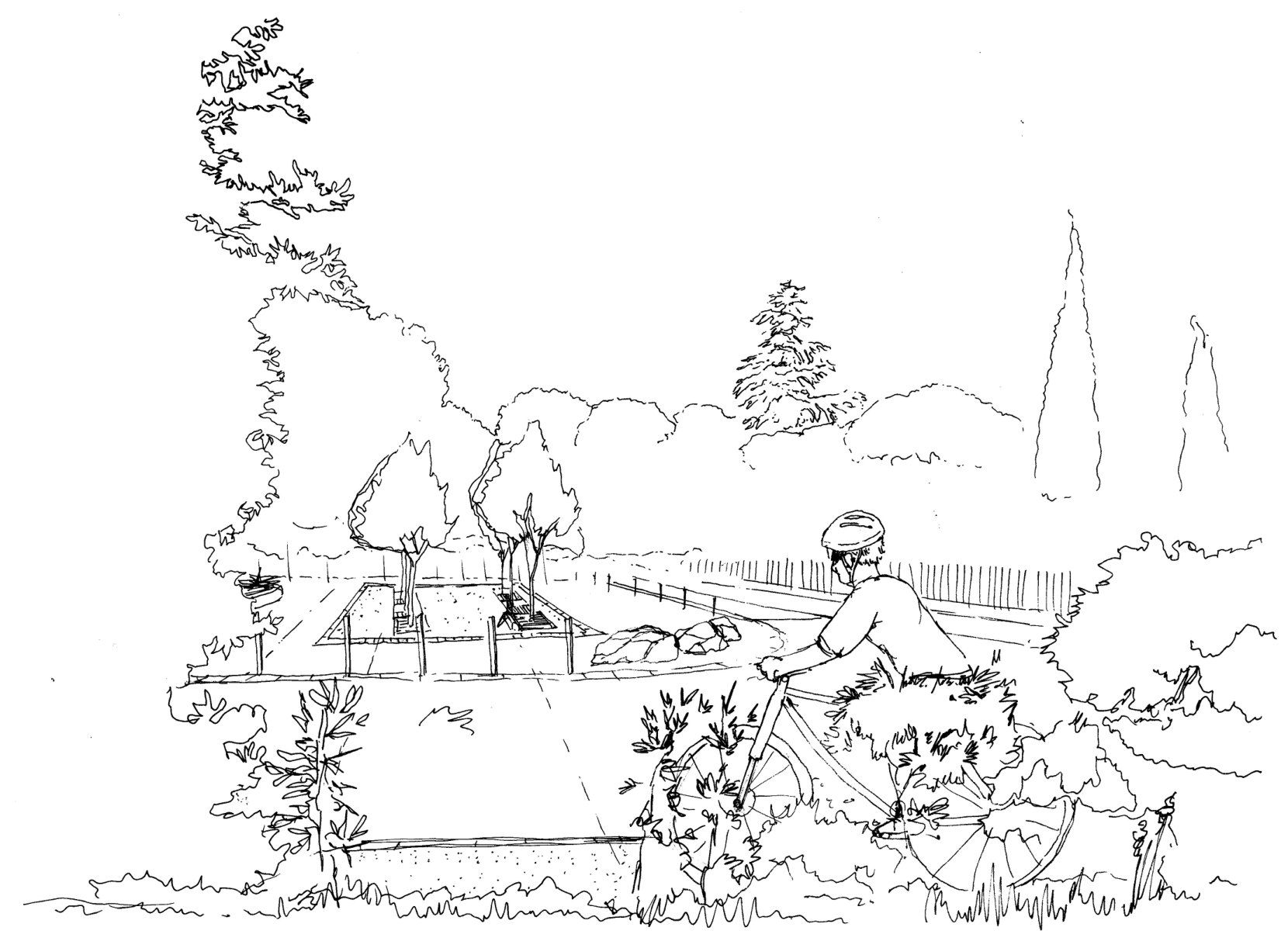 Perspective au trait : jardiniers au travail dans les terrasses du parc