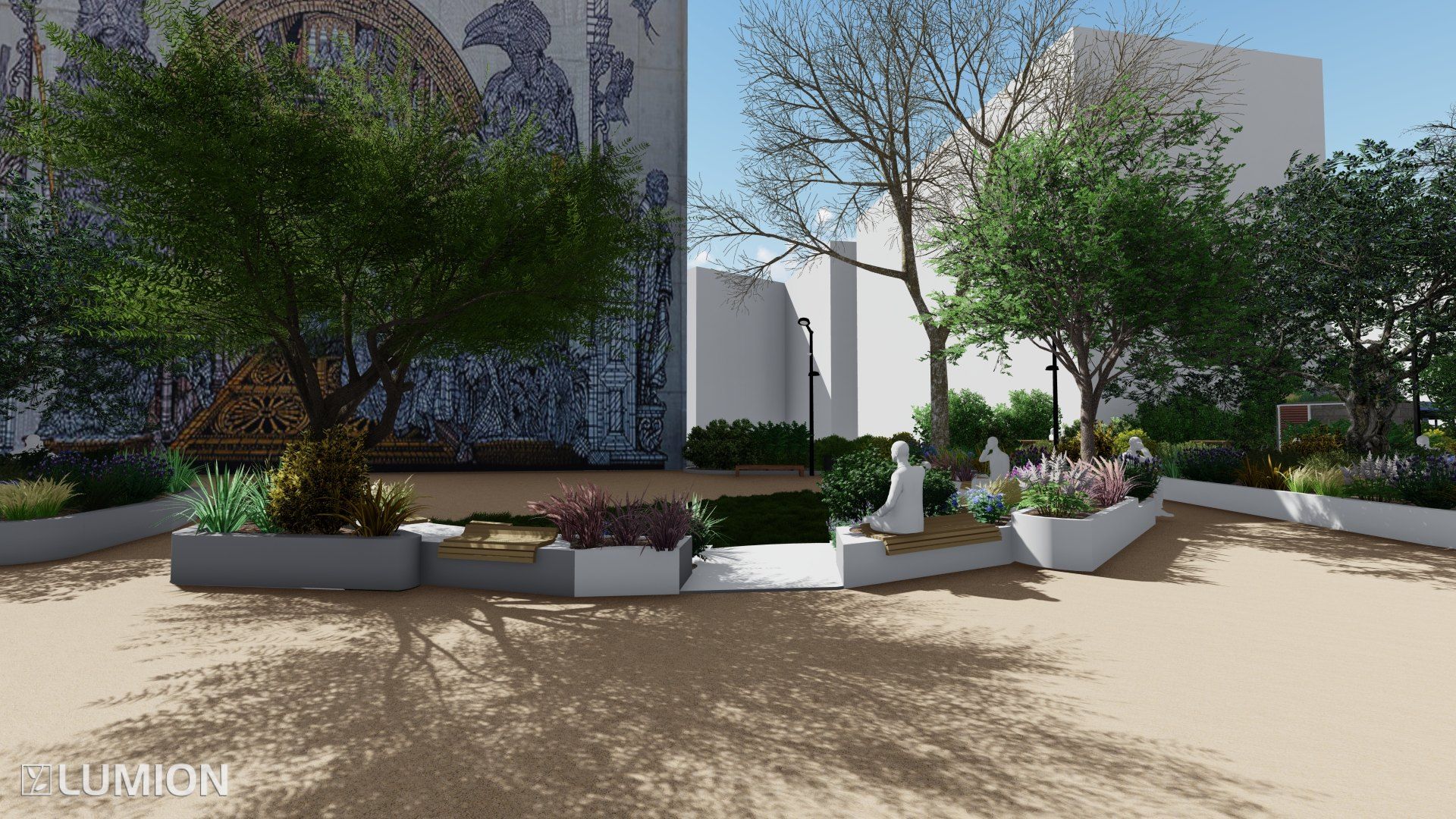 Vue du parc depuis la fresque murale : arbres, bancs et jardinières