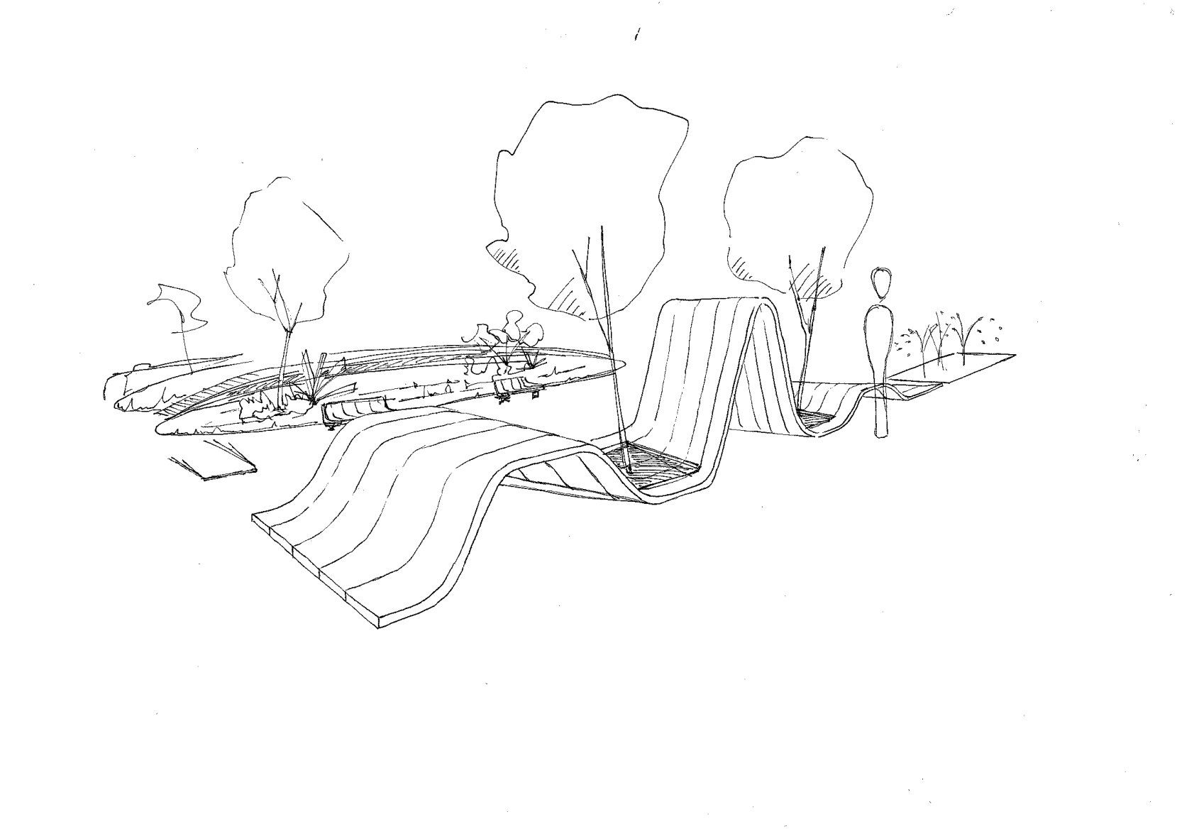 Croquis du banc-vague au trait, sous les arbres