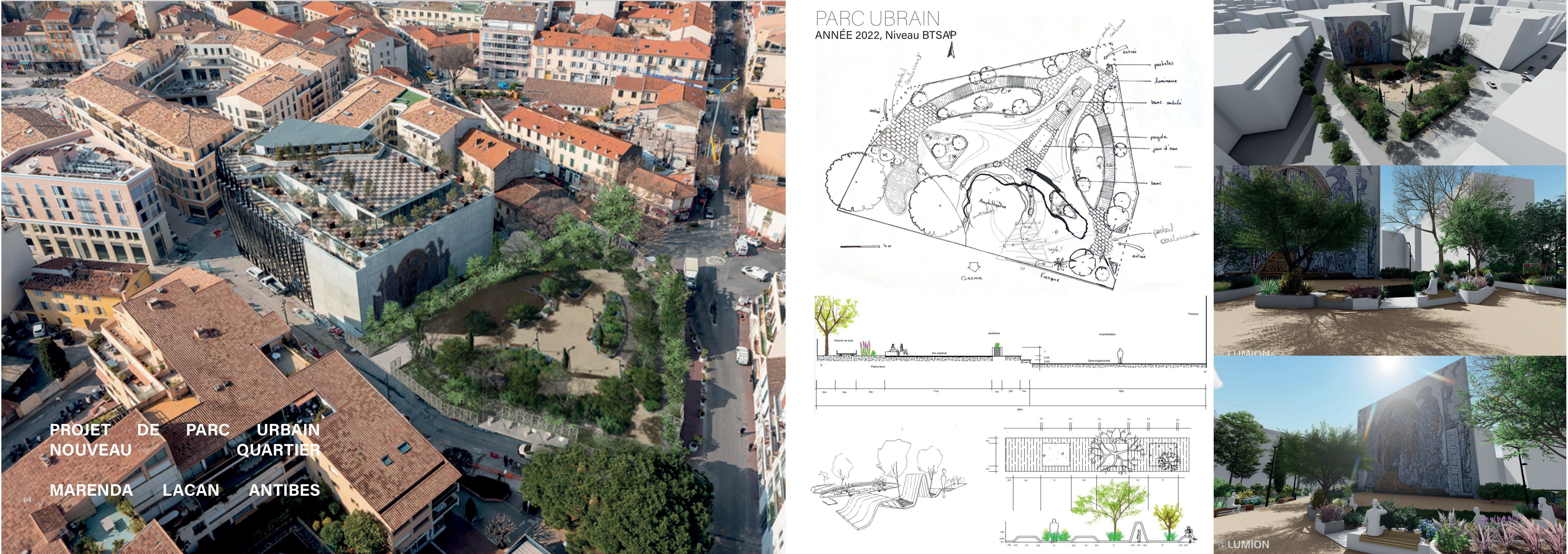 Planche du projet de parc urbain Marenda-Lacan à Antibes : plan masse et insertion dans le quartier