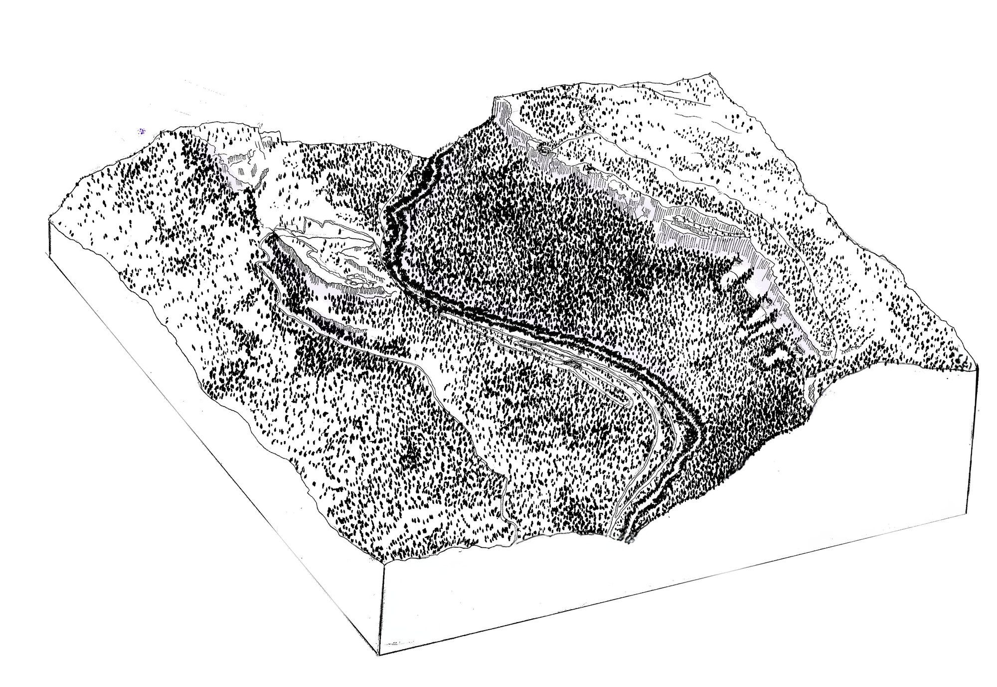 Bloc-diagramme du ravin des Infernets, relief rendu au pointillé