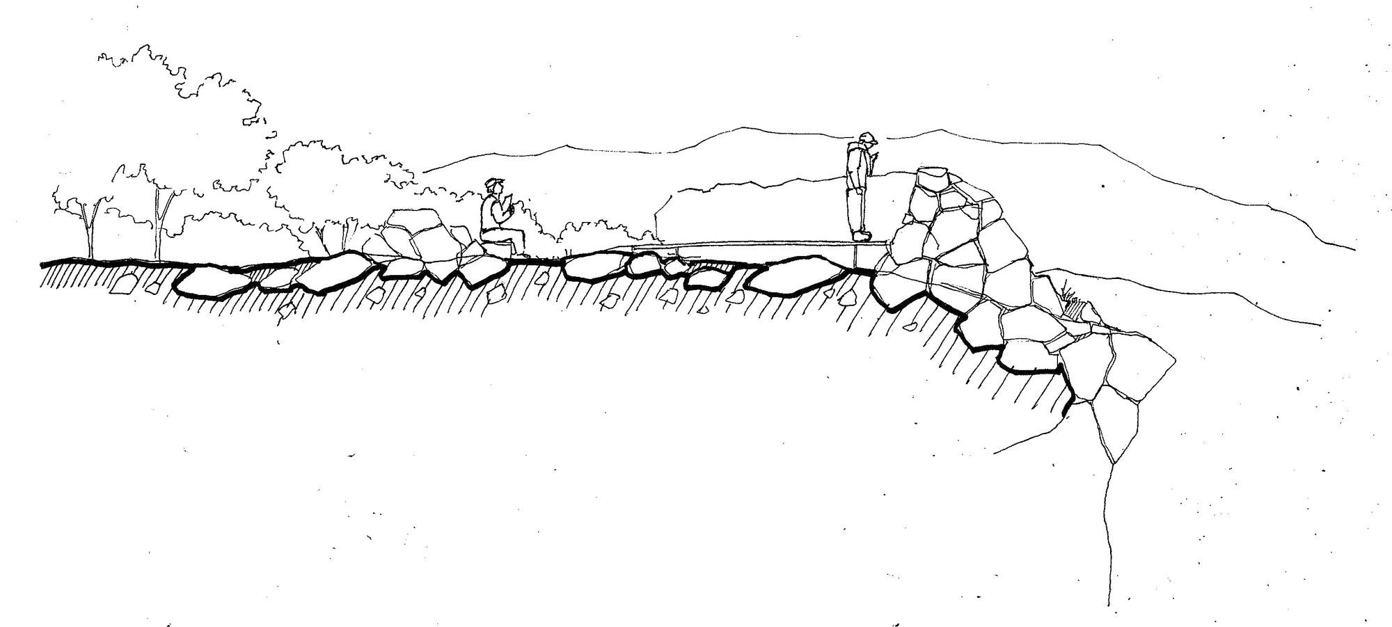 Coupe de l'entrée du ravin, murets de pierre sèche et végétation basse