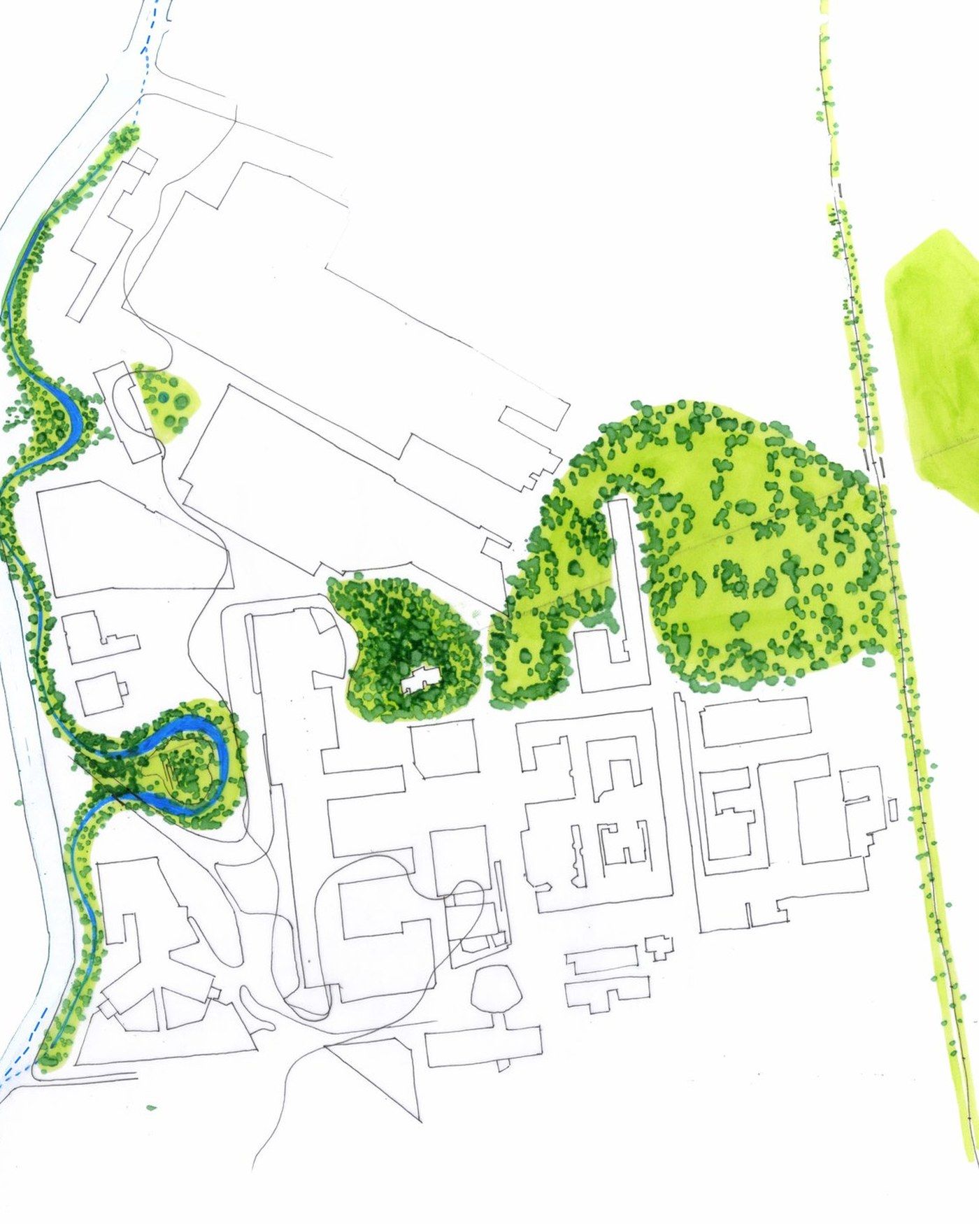 Plan du secteur de l'hôpital de la Timone : canal du Jarret, masses plantées et bâti