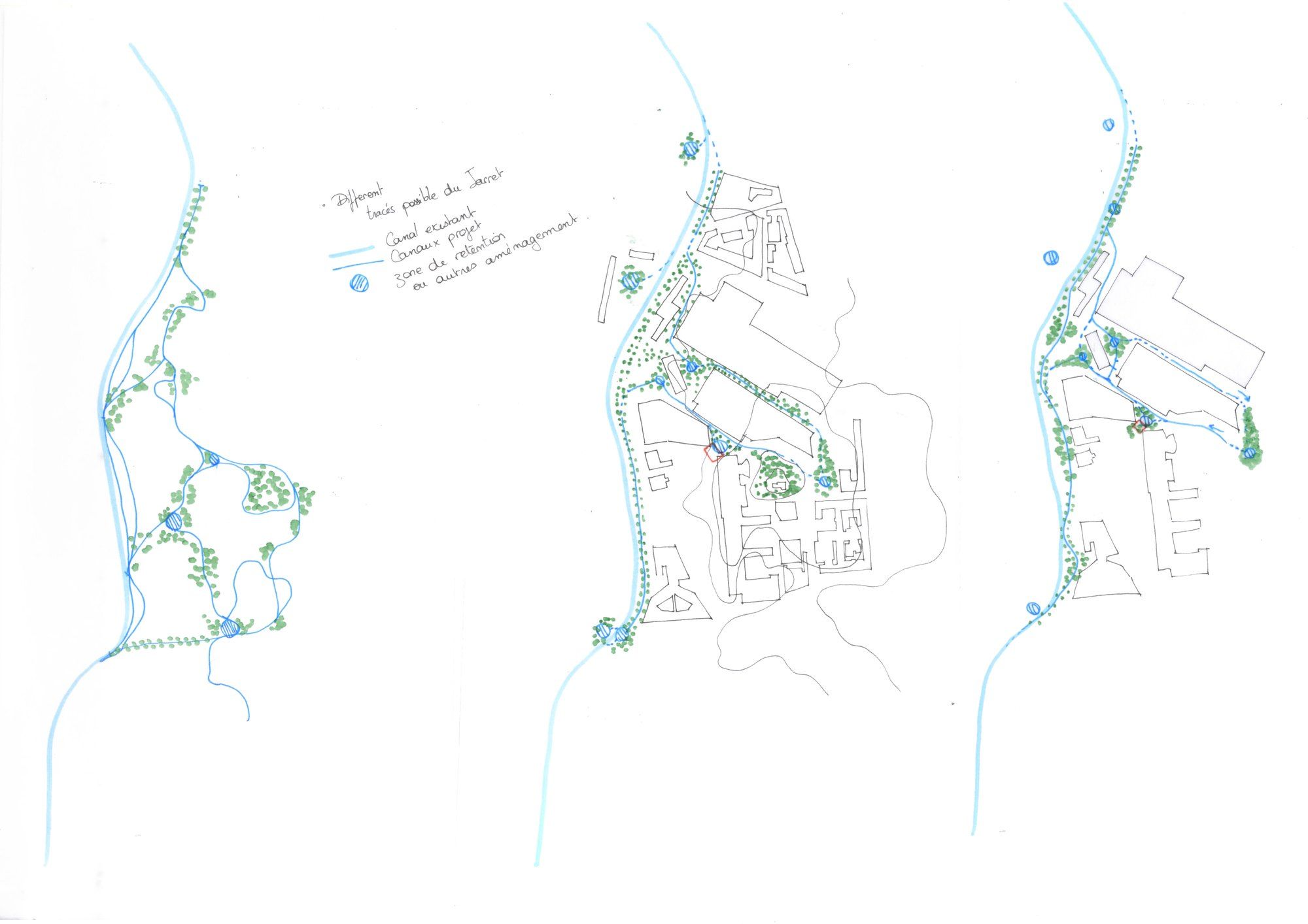 Trois états du canal du Jarret, du tracé actuel à l'hypothèse de projet