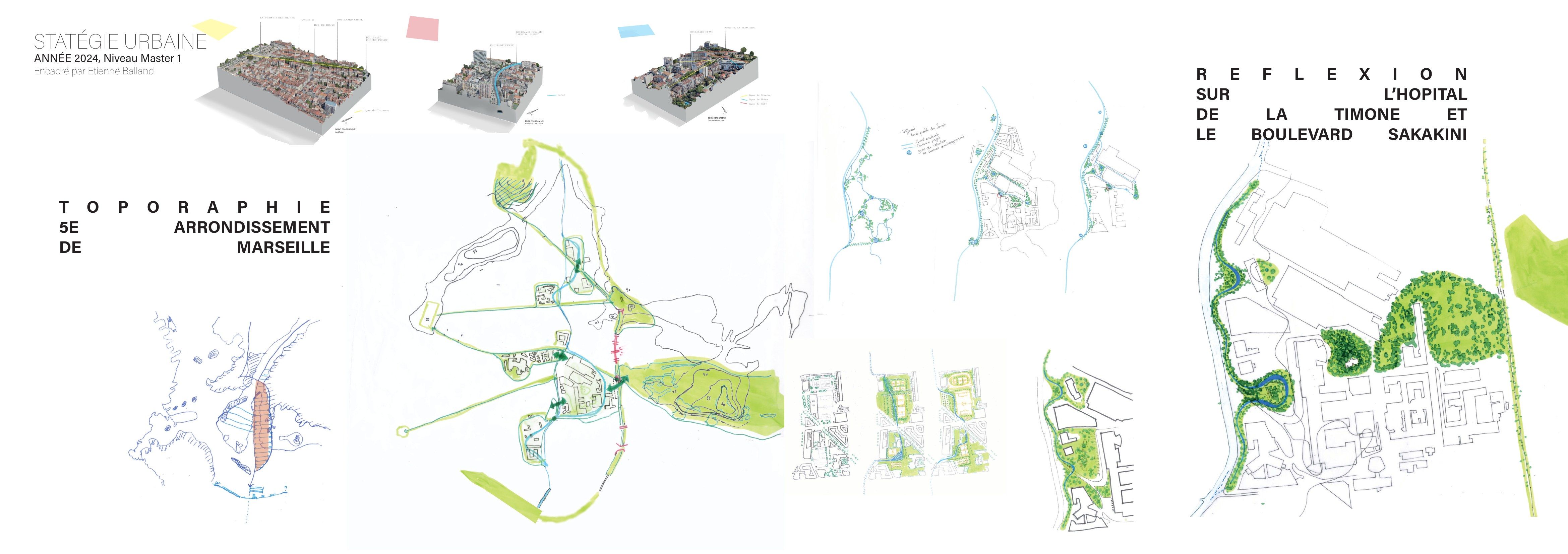 Planche de stratégie urbaine : topographie du 5ᵉ arrondissement, bloc-diagrammes et hypothèses de projet
