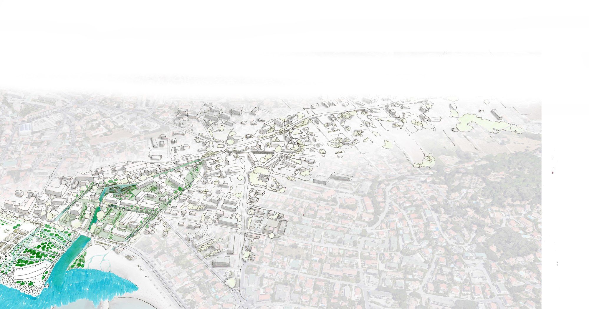 Plan du projet à l'embouchure de la Reppe, dessiné sur la photographie aérienne de la ville
