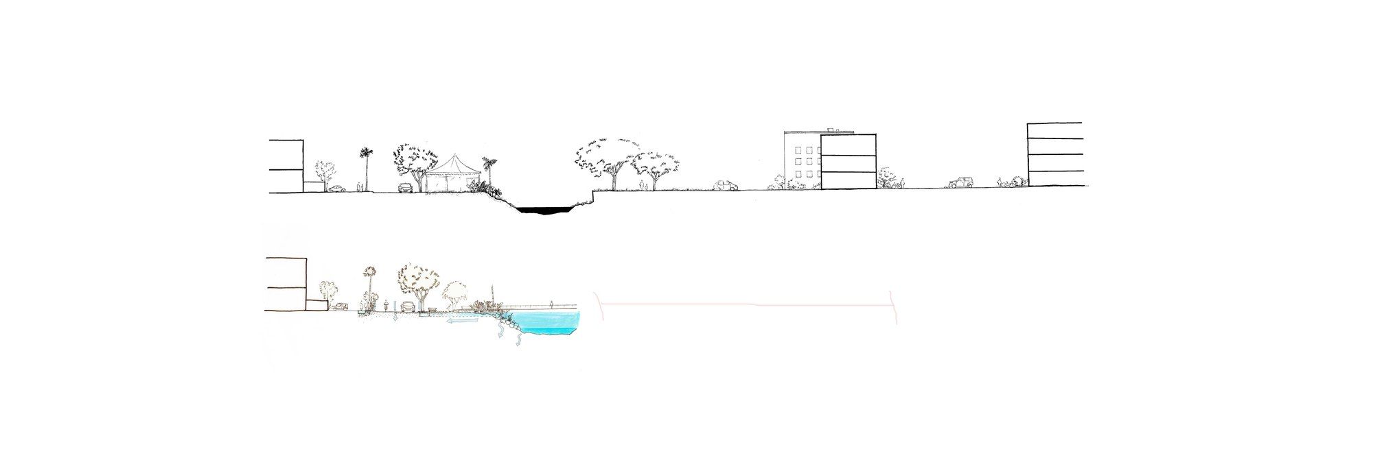 Coupe comparée de l'existant et du projet à l'embouchure