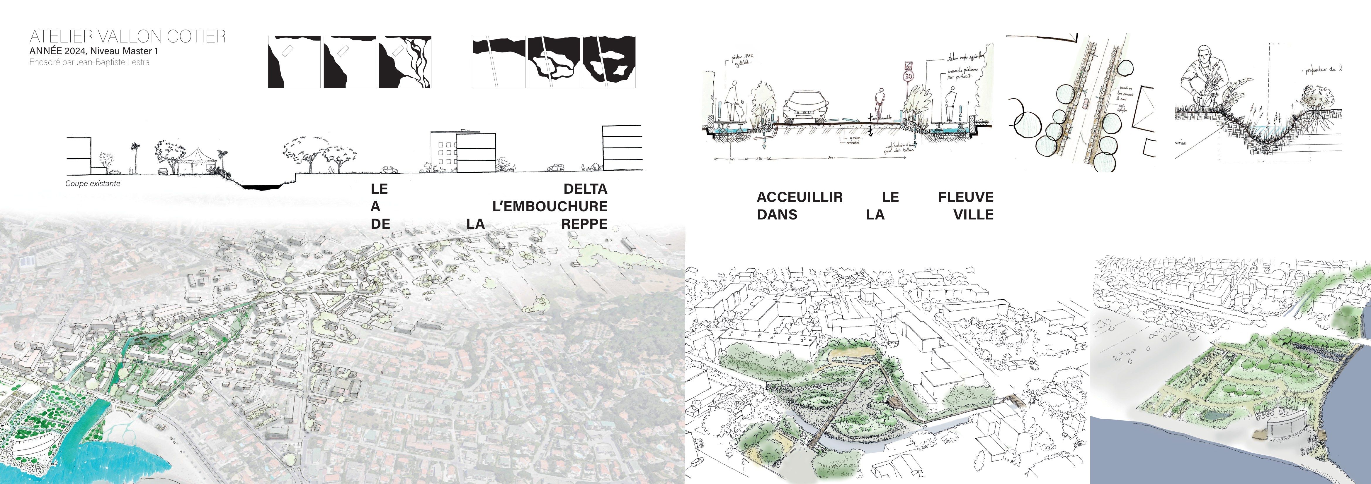 Planche du vallon côtier de la Reppe : coupe de l'existant et projet de delta à l'embouchure
