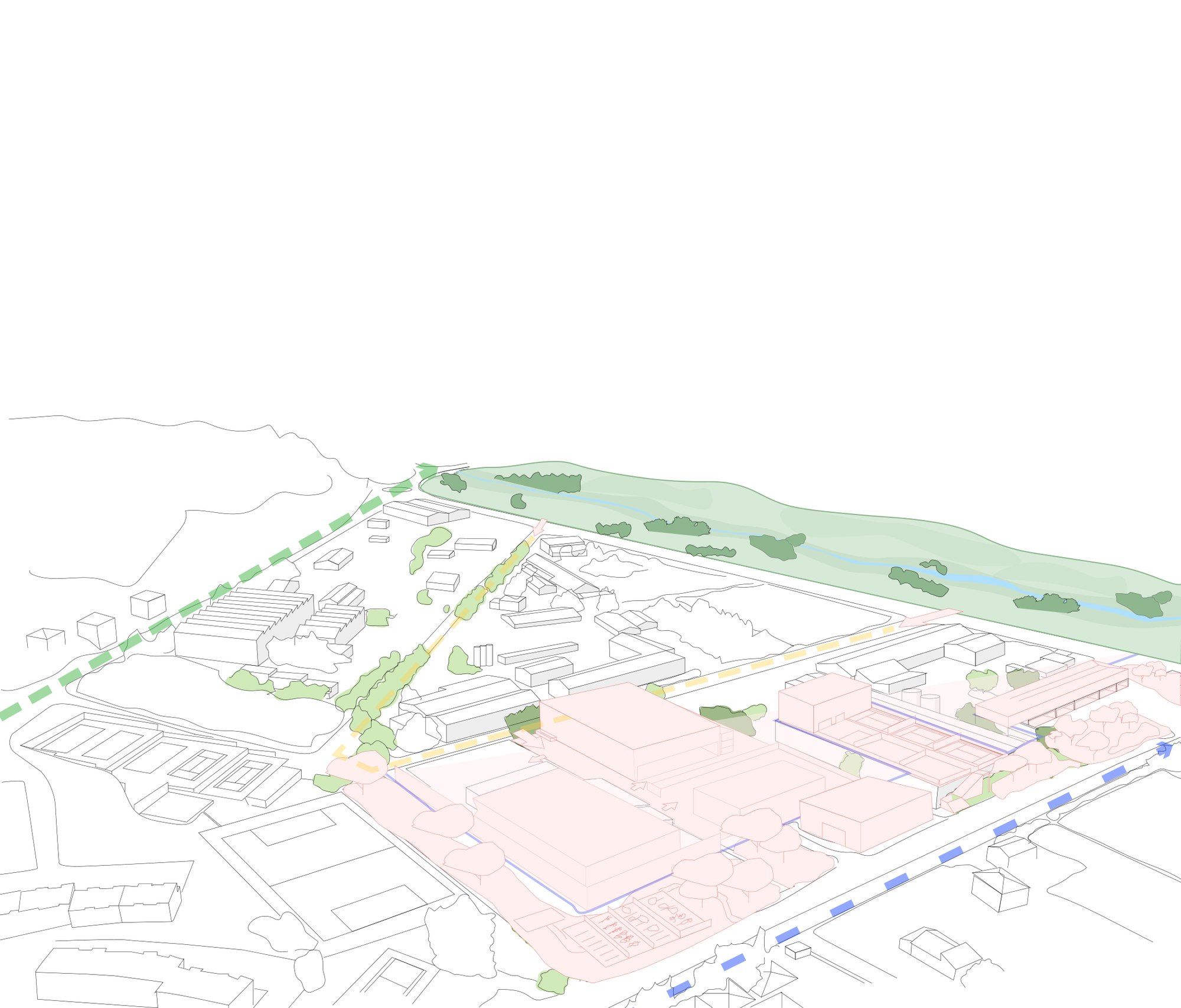 Axonométrie de la zone d'activité remaniée, trame plantée en vert
