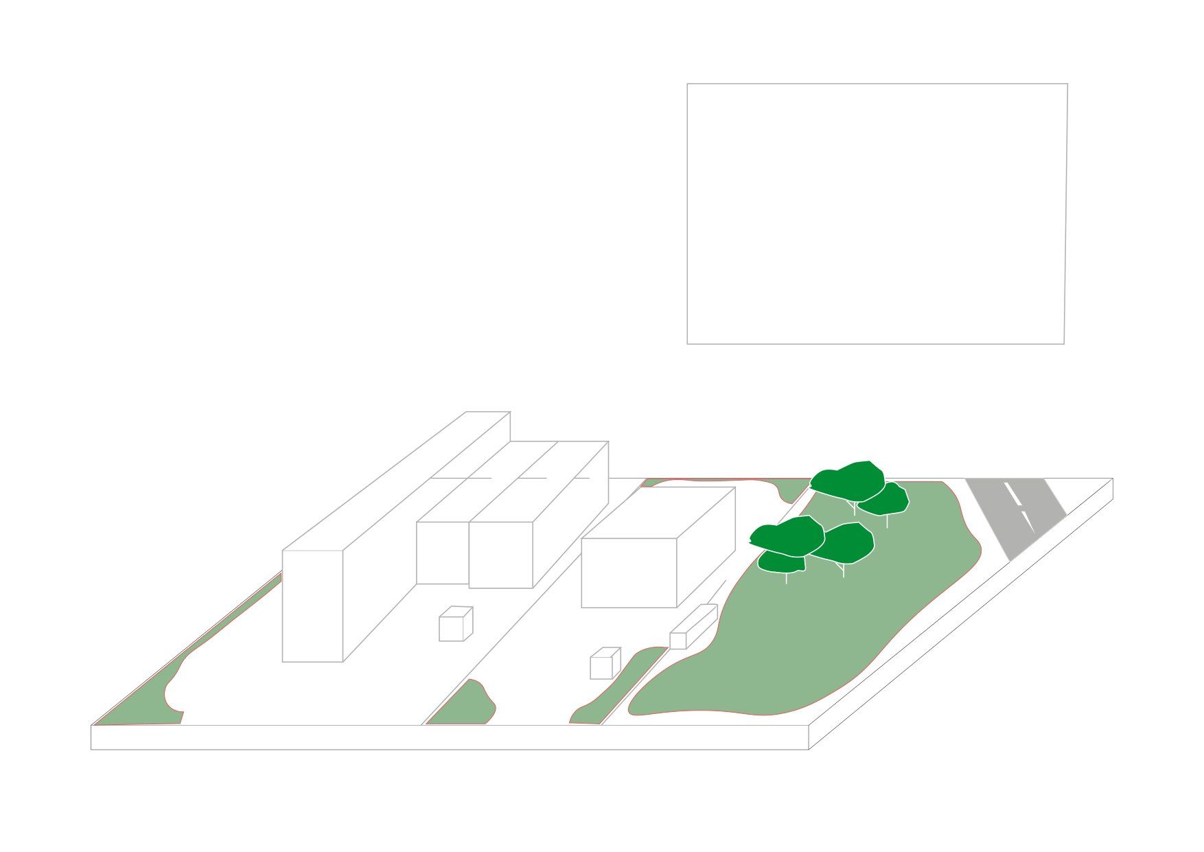 Bloc-diagramme d'une parcelle : bâtiments conservés et lisière plantée