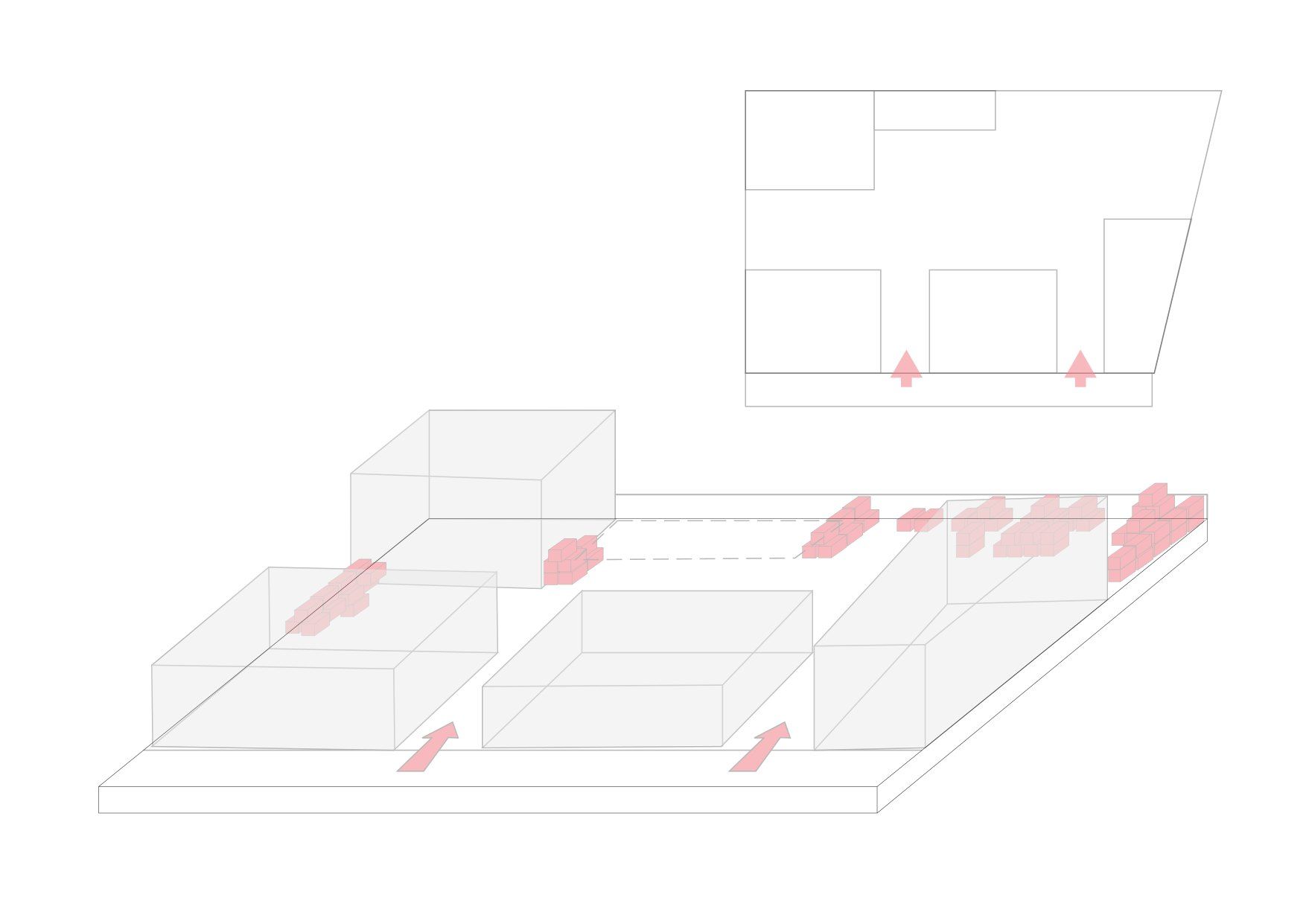 Bloc-diagramme des halles, circulations marquées en rose